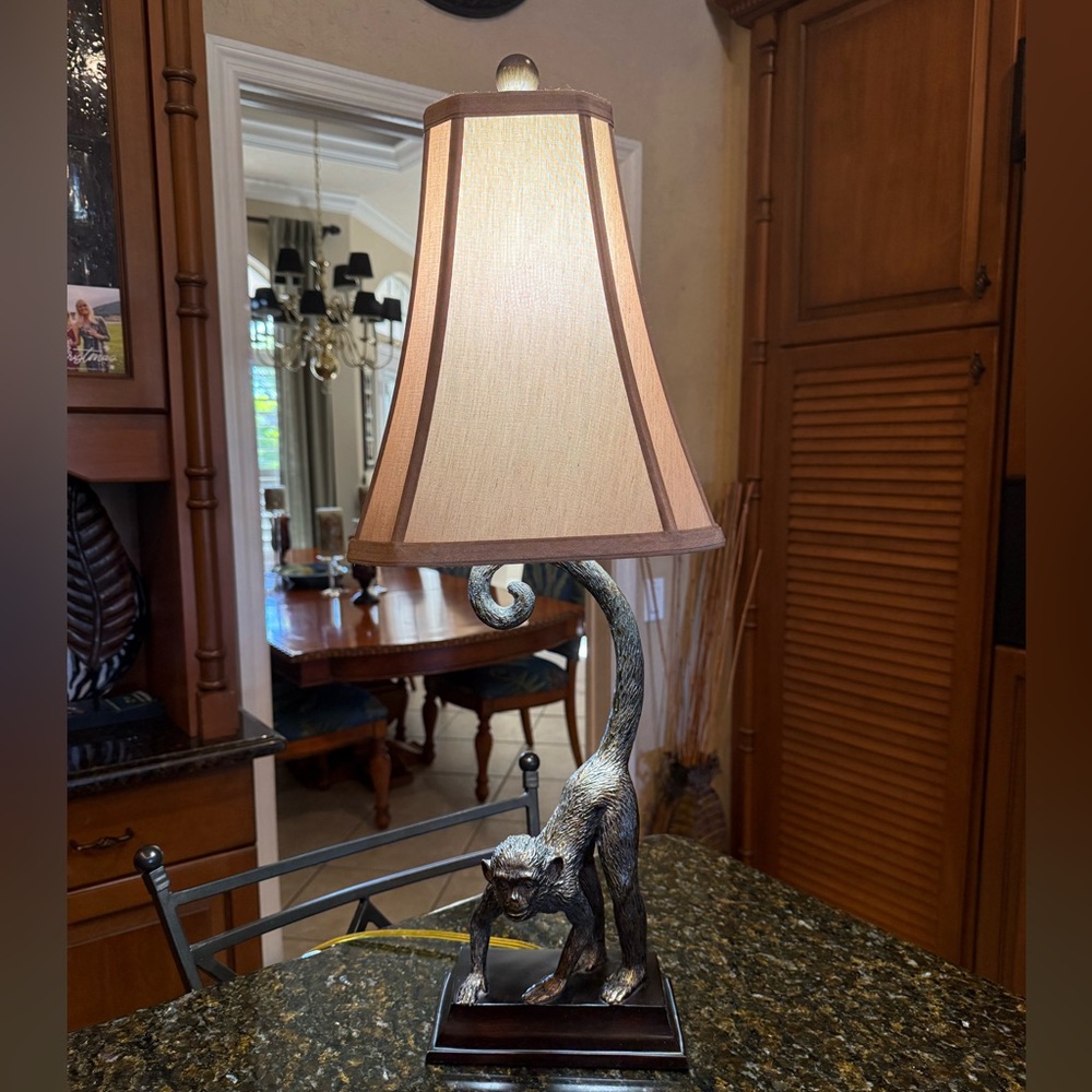 Rare Vintage Bronze Monkey Table Lamp with Tapered Shade
